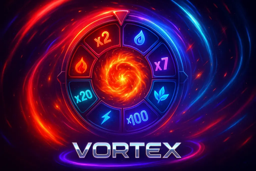 Vortex game wheel with glowing multipliers x2, x7, x20, and x100 surrounded by swirling red and blue energy effects.