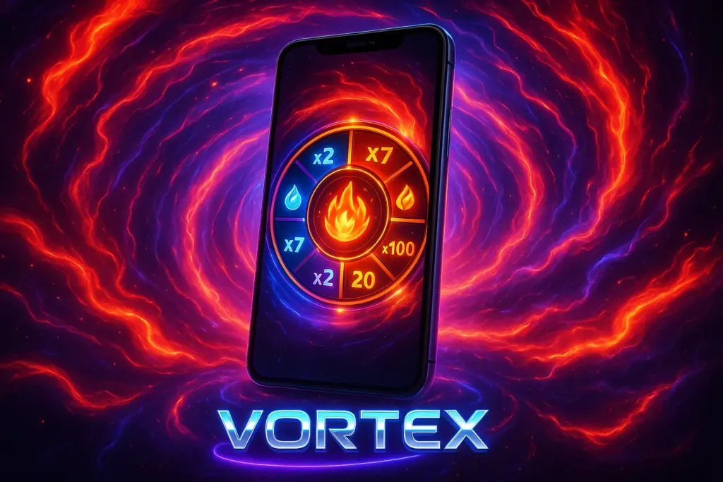Vortex mobile game showing a glowing multiplier wheel with fiery effects displayed on a smartphone against a swirling energy vortex background